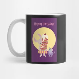 Happy Birthday card, greeting card, with a rabbit holding a high cake that almost will fall Mug